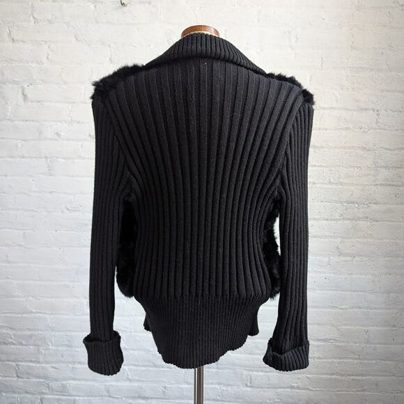 Vintage Black Genuine Rabbit Fur Sweater Stretchy Jacket Knit Faux Leather Top - Picture 4 of 7
